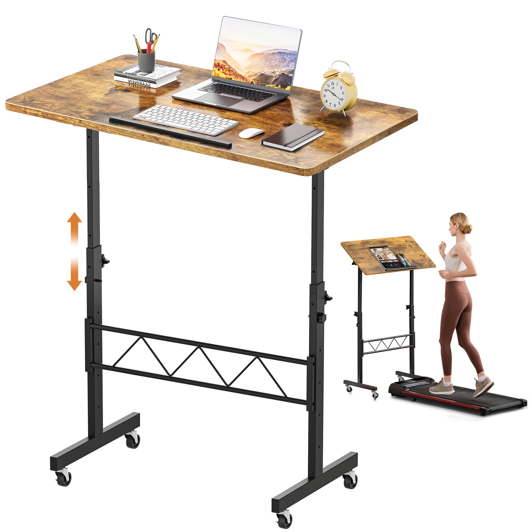Standing Desk Adjustable Height & Tiltable Tabletop, Portable Stand Up Desk for Laptop, Mobile Folding Desk for Home Office Work and Walking Pad Treadmill, Height 30.7"-46.4", Brown