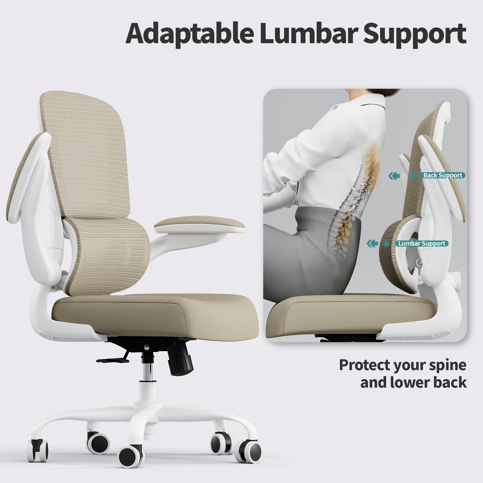Office Chair - Ergonomic Desk Chair with Adjustable Lumbar Support, Mesh Computer Chair, Executive Chairs for Home Office Comfortable Lumbar Support,Khaki