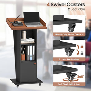 15° Tilted Podium Stand with Storage & Lockable Wheels, Wooden Lectern with Adjustable Shelf, Mobile Portable Pulpit for Classroom, Church, Office (Black Brown)