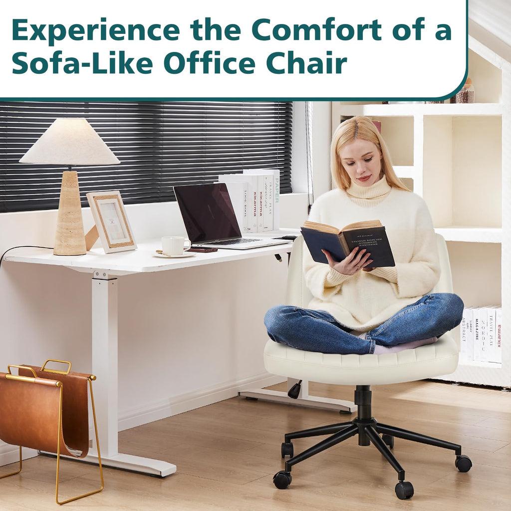 Criss Cross Chair with Wheels Wide Cross Legged Office Desk Vanity Chair Comfy Fabric Armless Adjustable Swivel for Home Computer Task PU Beige