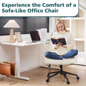 Criss Cross Chair with Wheels Wide Cross Legged Office Desk Vanity Chair Comfy Fabric Armless Adjustable Swivel for Home Computer Task PU Beige