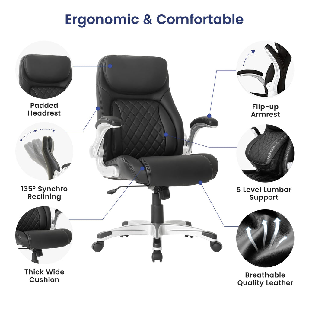 Ergonomic Office Chair Premium Microfiber Leather Adjustable Lumbar Support & Armrests, High Back Comfy Desk Gaming Chairs Executive Computer Swivel Chair Tilt Function(Posture,Black)