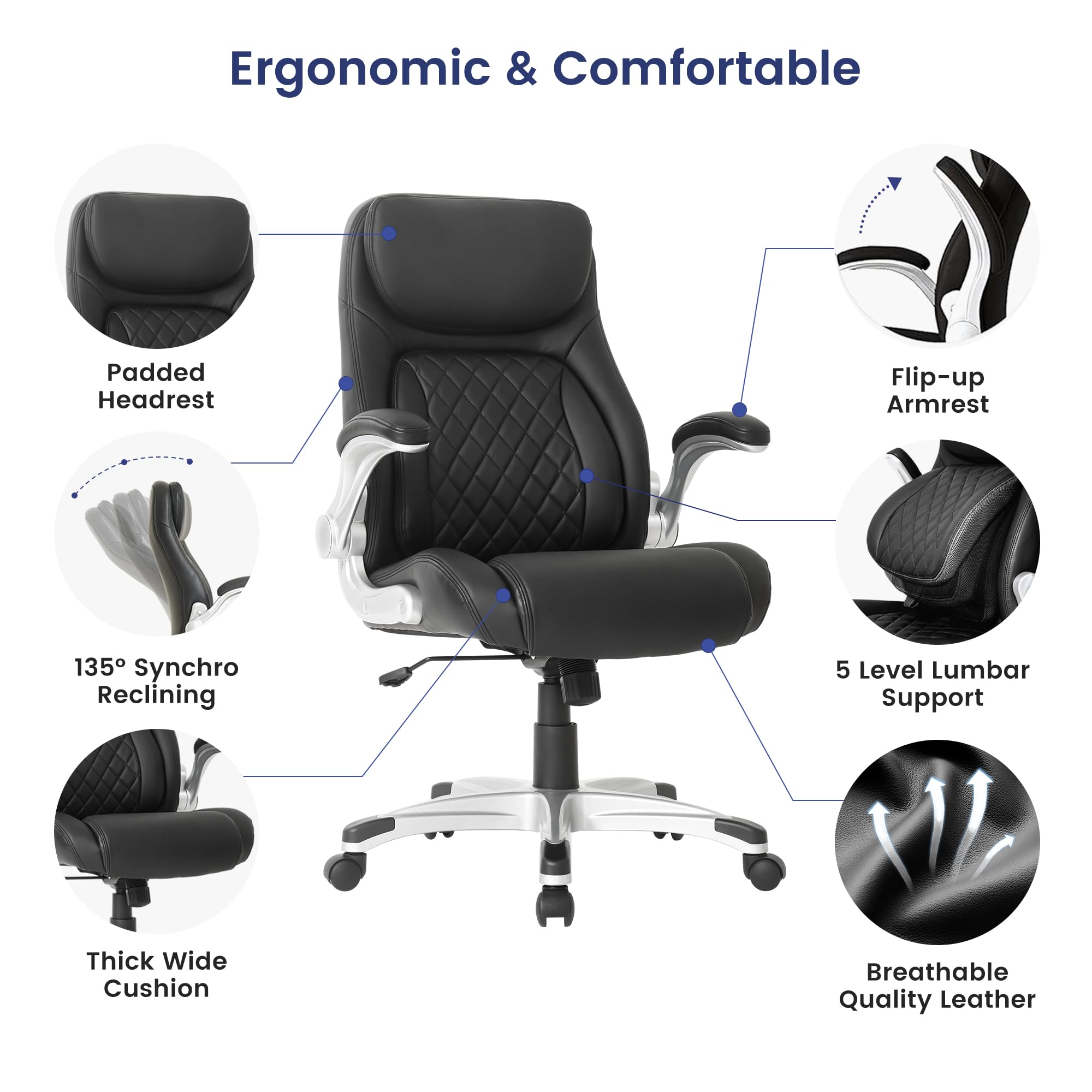 Ergonomic Office Chair Premium Microfiber Leather Adjustable Lumbar Support & Armrests, High Back Comfy Desk Gaming Chairs Executive Computer Swivel Chair Tilt Function(Posture,Black)