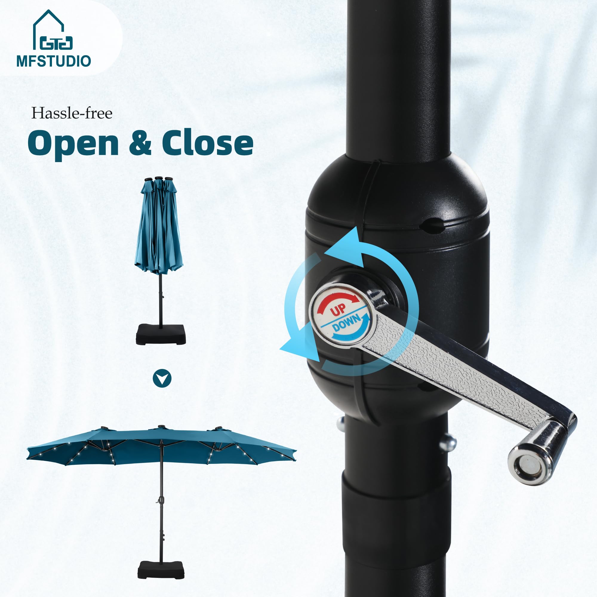 15ft Double Sided Patio Umbrella with Solar Lights, Outdoor Large Umbrellas with Crank Handle and 36 LED Lights, Rectangular Market Umbrella with Base Included for Deck Pool Shade, Cerulean