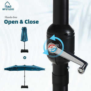 15ft Double Sided Patio Umbrella with Solar Lights, Outdoor Large Umbrellas with Crank Handle and 36 LED Lights, Rectangular Market Umbrella with Base Included for Deck Pool Shade, Cerulean
