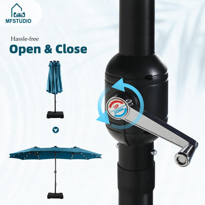 15ft Double Sided Patio Umbrella with Solar Lights, Outdoor Large Umbrellas with Crank Handle and 36 LED Lights, Rectangular Market Umbrella with Base Included for Deck Pool Shade, Cerulean