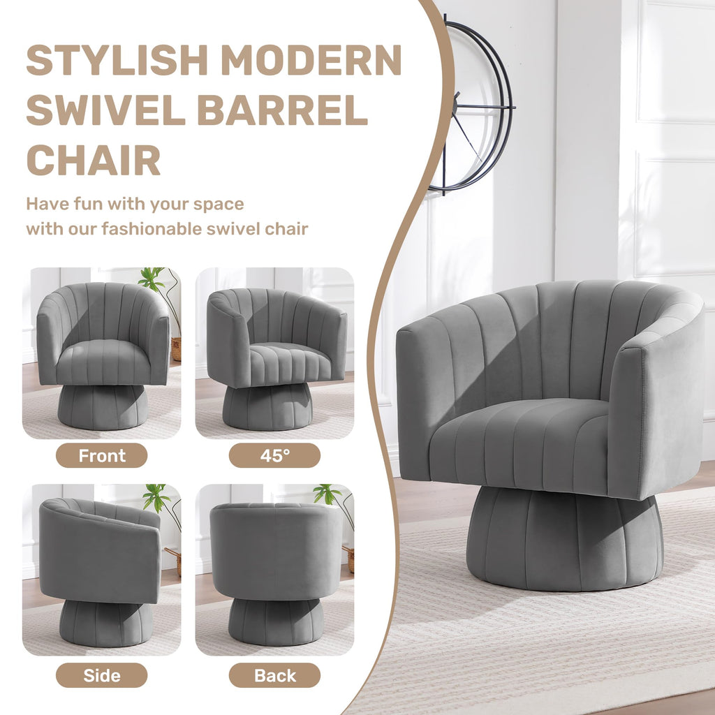 Swivel Accent Barrel Chair, Cute Comfy Small Round 360° Arm Chair. Velvet Sofa Club Reading Chair for Living Room Bedroom Office Grey