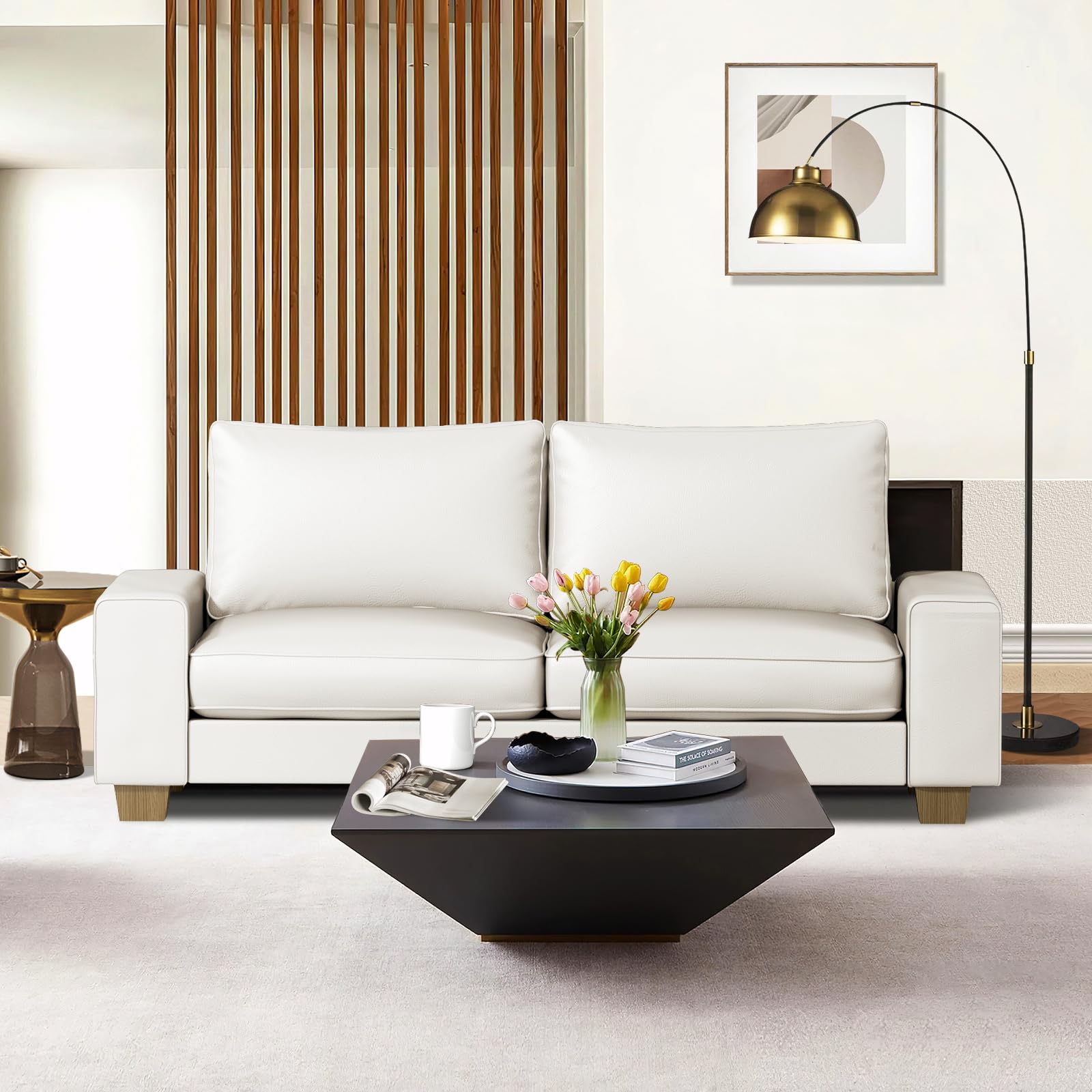 Faux Leather Couch, Mid Century Modern Comfy Loveseat Sofa with Wide Arm, Side Pockets, Solid Wooden Frame for Office, Living Room and Bedroom, 3 Seater (White, 88.58 inches)