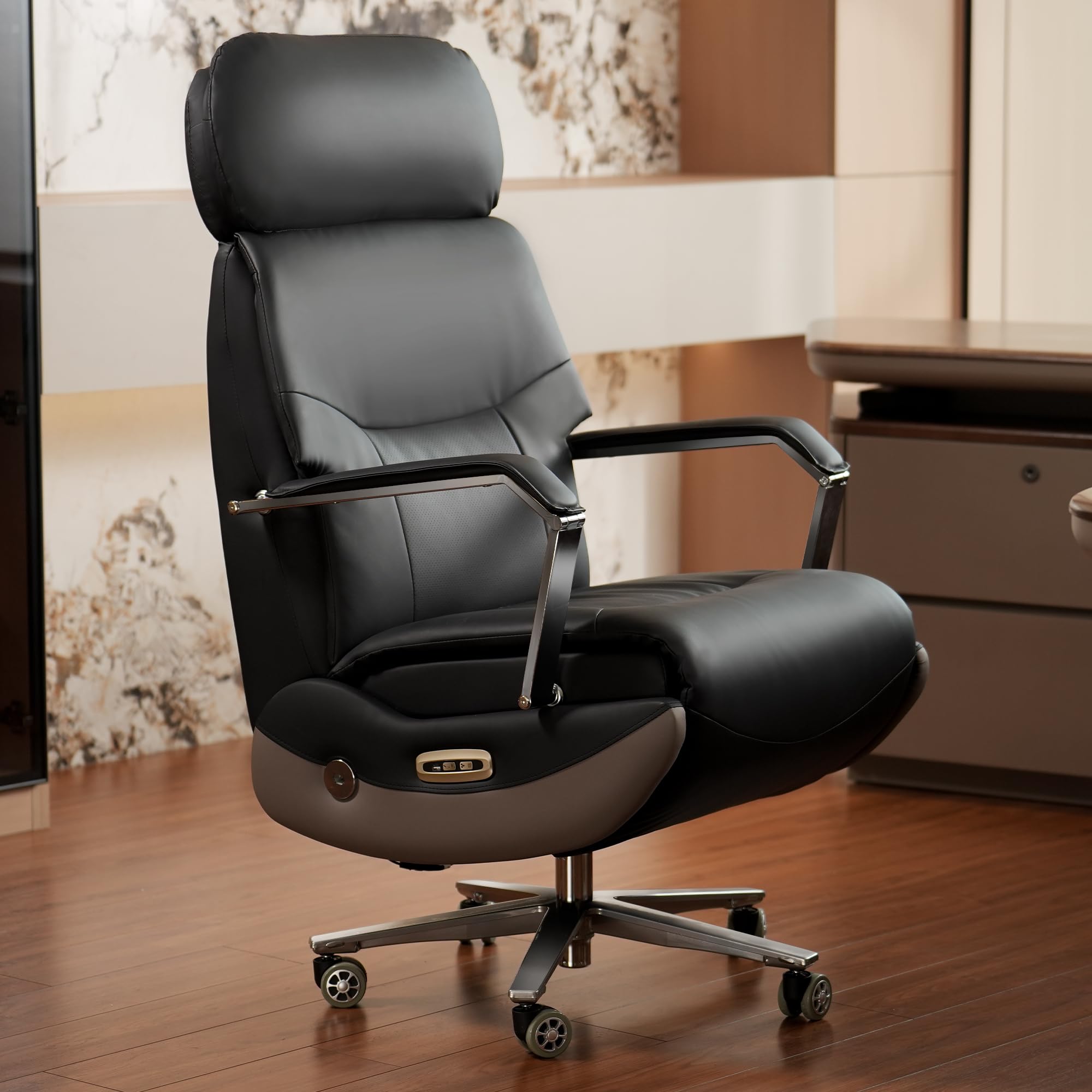 Ergonomic Power Recliner Chair for Long Hours, Leather Electric Luxury Office & Home Desk Chair with Heating and Ventilation,High Back Executive Home Office Desk Chair 400Lbs (Black)