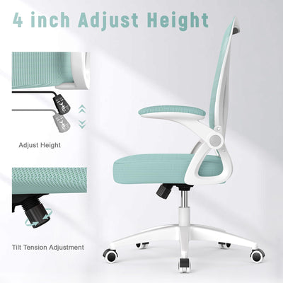 Ergonomic Office Chair, Computer Chair with Adjustable Height, Flip-Up Arms and Lumbar Support, Breathable Mesh Desk Chair for Home Study Working (Without Headrest, Green)