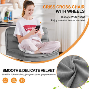 Cross Legged Office Chair with Wheels Armless-Office Desk Chair, Modern Vanity Computer Task Chairs for Home Bedroom, Comfortable Wide Seat for Lower Back Pain Relief, Soft Velvet, Gray