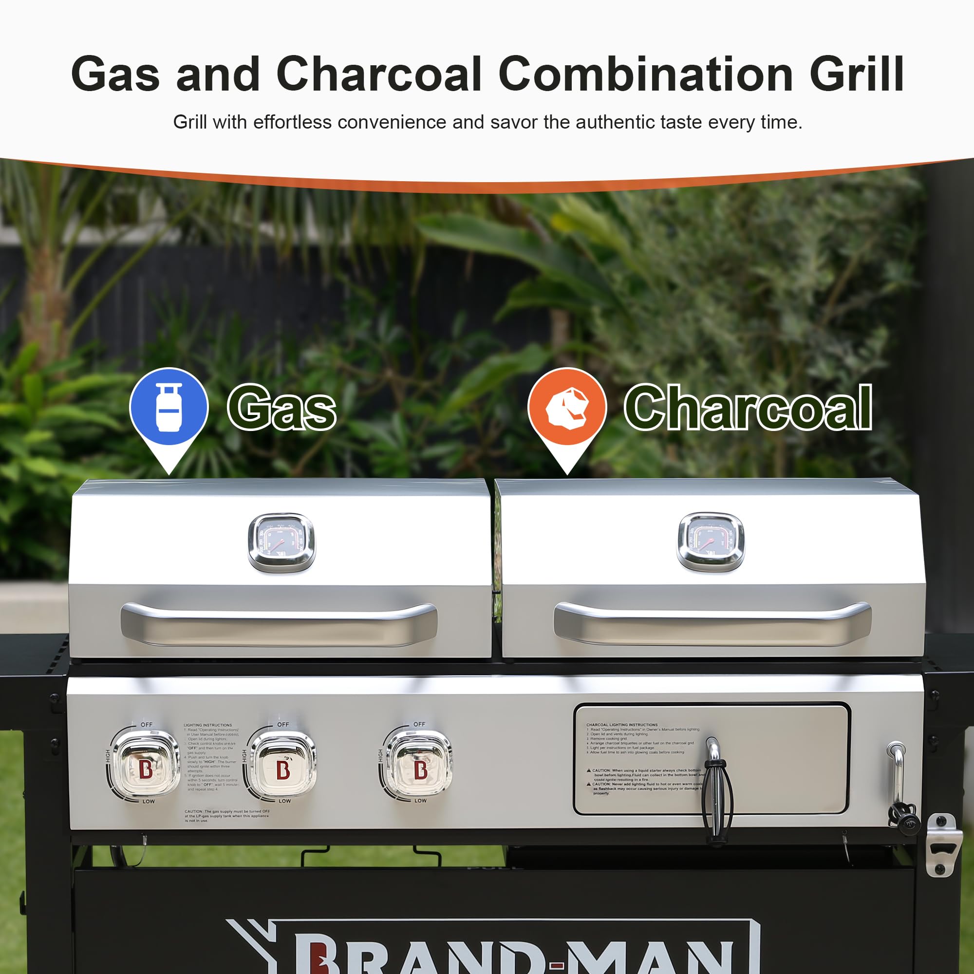 Propane Gas and Charcoal Grill Combo,Grill and Griddle Combo Dual Fuel BBQ Grill with Dual Lids for Outdoor Barbecue, Black