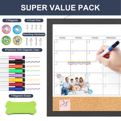 Dry Erase Calendar for Wall, 17x13 Inches Calendar Whiteboard for Wall, Small Magnetic White Board Corkboard with Wood Framed, Hanging Dry Erase Board for Kitchen Home Office School Planner
