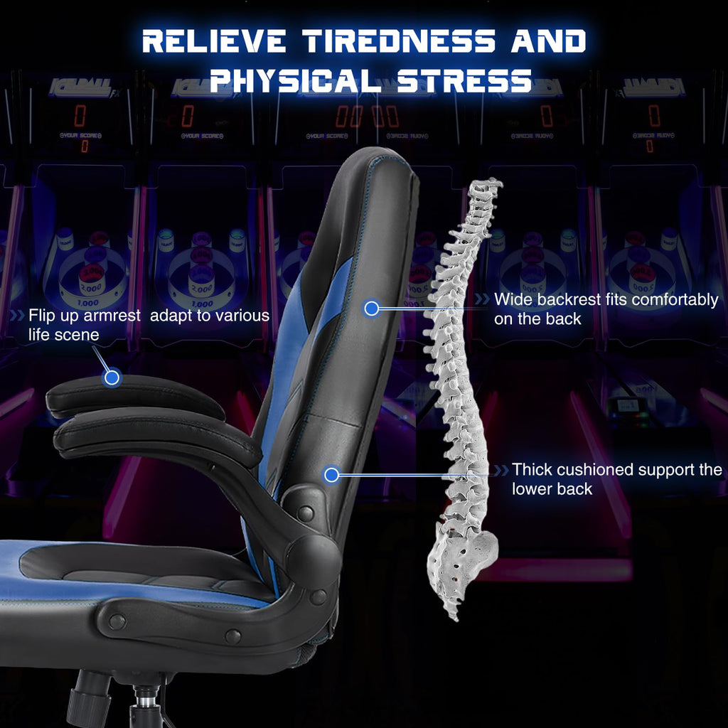 Computer Video Game Desk Chair - Ergonomic Comfy Lumbar Support, PU Leather with Flip-up Armrest, Height Adjustable and 360° Swivel, for Adults, Black Blue