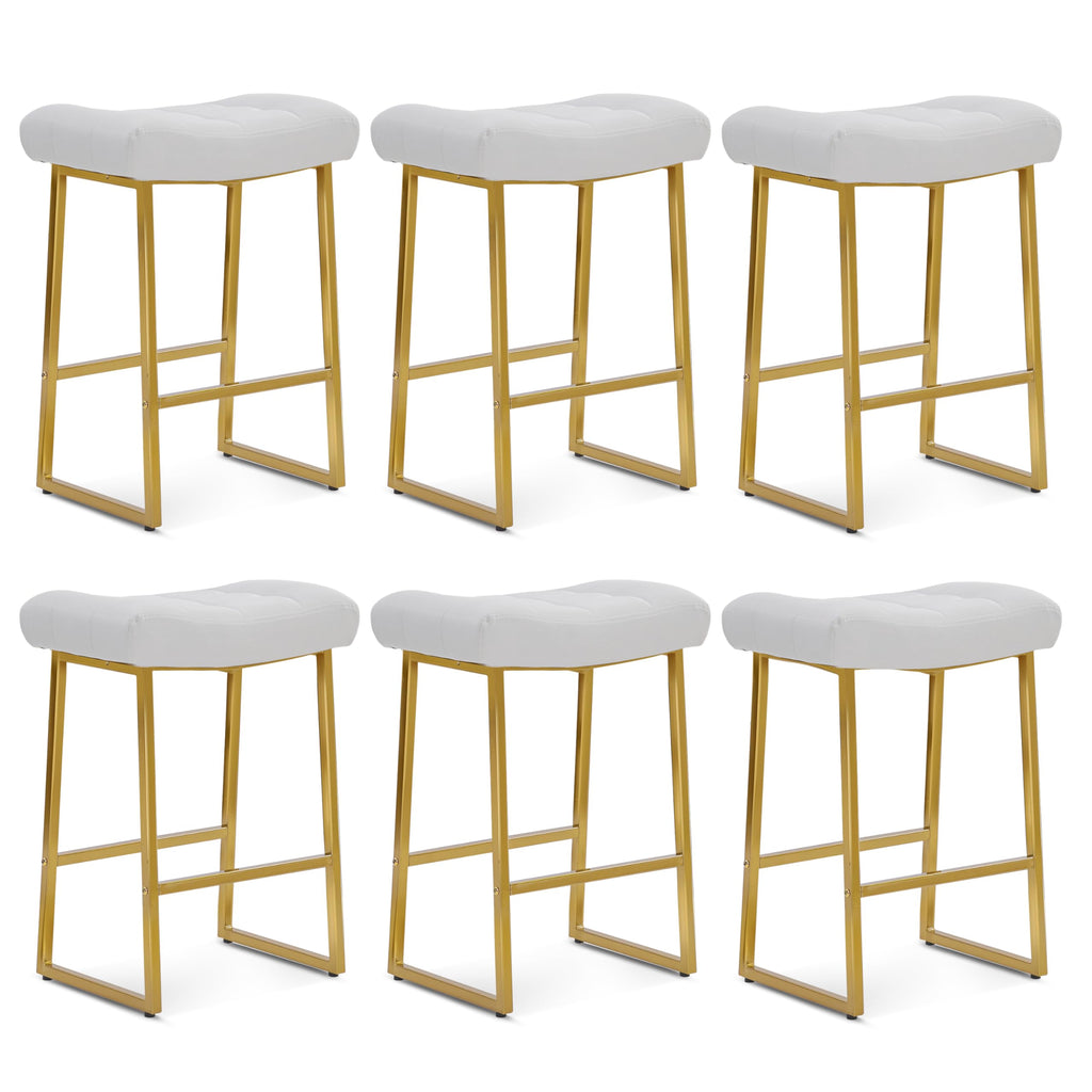 White & Gold Counter Height Bar Stools Set of 6 for Kitchen Counter Backless Kitchen Island Barstools with Upholstered Faux Leather Seat and Gold Base Modern 24 inch Bar Chairs No Back