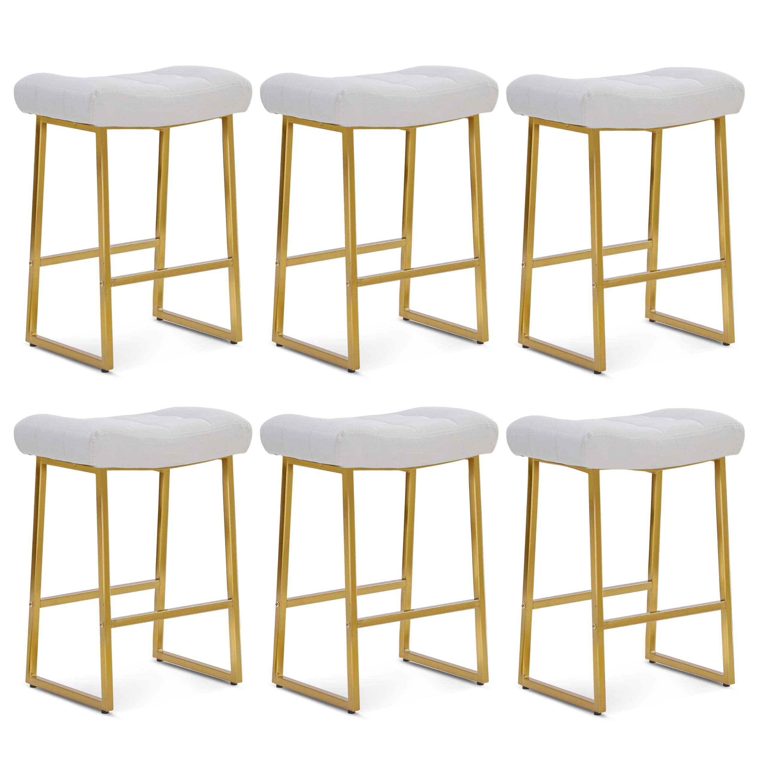 White & Gold Counter Height Bar Stools Set of 6 for Kitchen Counter Backless Kitchen Island Barstools with Upholstered Faux Leather Seat and Gold Base Modern 24 inch Bar Chairs No Back