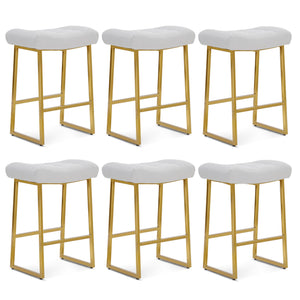 White & Gold Counter Height Bar Stools Set of 6 for Kitchen Counter Backless Kitchen Island Barstools with Upholstered Faux Leather Seat and Gold Base Modern 24 inch Bar Chairs No Back