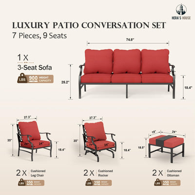 7 Piece Patio Furniture Set, 2 x Rocking Chair, 2 x Fixed Chair, 2 x Ottoman, 1 x 3-Seat Sofa, All Cushioned 9 Seats Metal Outdoor Conversation Set for Lawn Garden Backyard