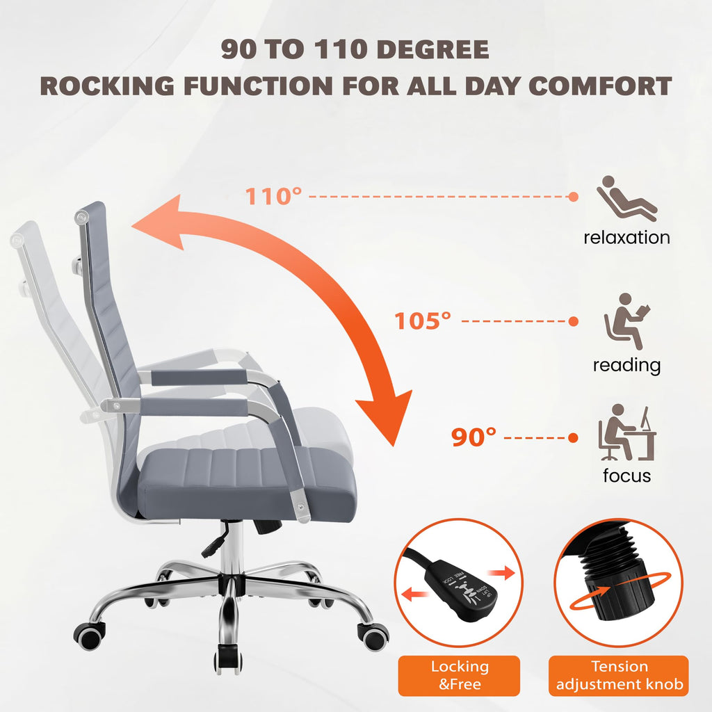 Ergonomic Office Desk Chair, Executive Ribbed Mid-Back PU Leather Conference Room Chair Adjustable Swivel Chair with Arms (2, Grey)