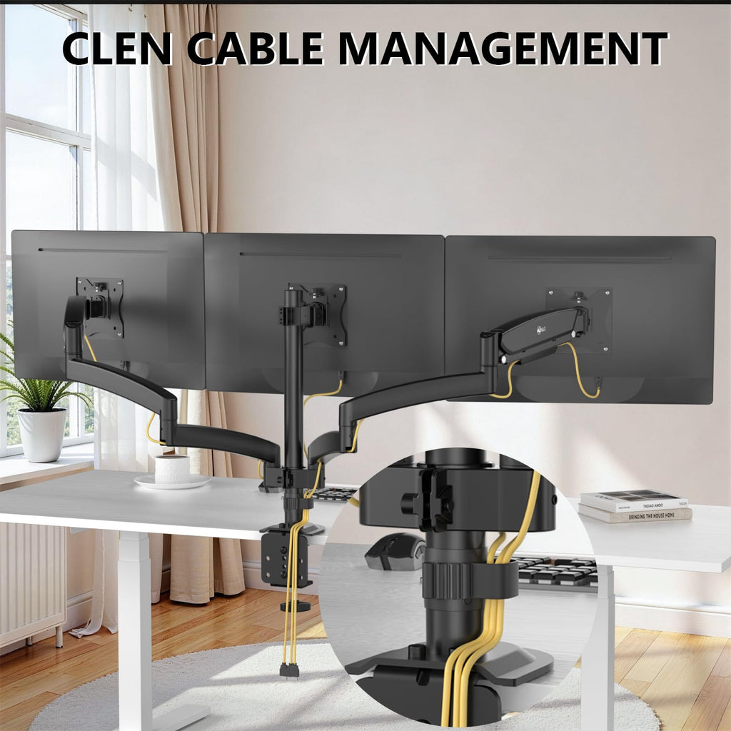 Triple Monitor Mount, 3 Monitor Desk Mount for Screens 13-33 Inch, Multiple Monitors Stand with Tilt, Swivel, Rotation, Mounting Holes 75/100 mm, Black