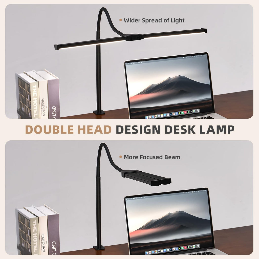 LED Desk Lamp for Home Office, Double Head Architect Light with Clamp, Computer Monitor Clip on Light, 3 Modes and 10 Brightness, Adjustable Flexible Goose-Neck, Table Task Lamp, Black