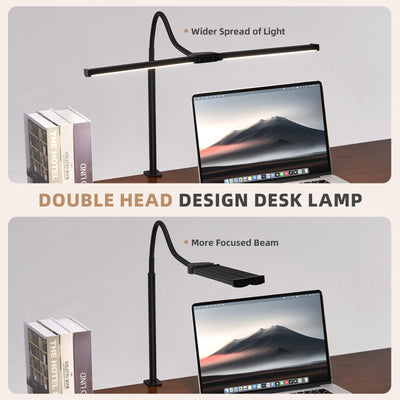 LED Desk Lamp for Home Office, Double Head Architect Light with Clamp, Computer Monitor Clip on Light, 3 Modes and 10 Brightness, Adjustable Flexible Goose-Neck, Table Task Lamp, Black