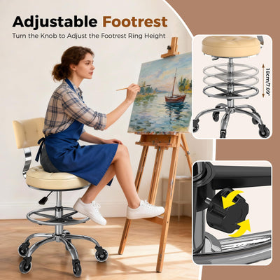 Office Drafting Chair with Footrest, Tall Height Adjustable Stool with Back Support, Heavy Duty Rolling Stool Chair with Wheels for Office Home Kitchen Bar Shop Guitar Studio Vanity, White