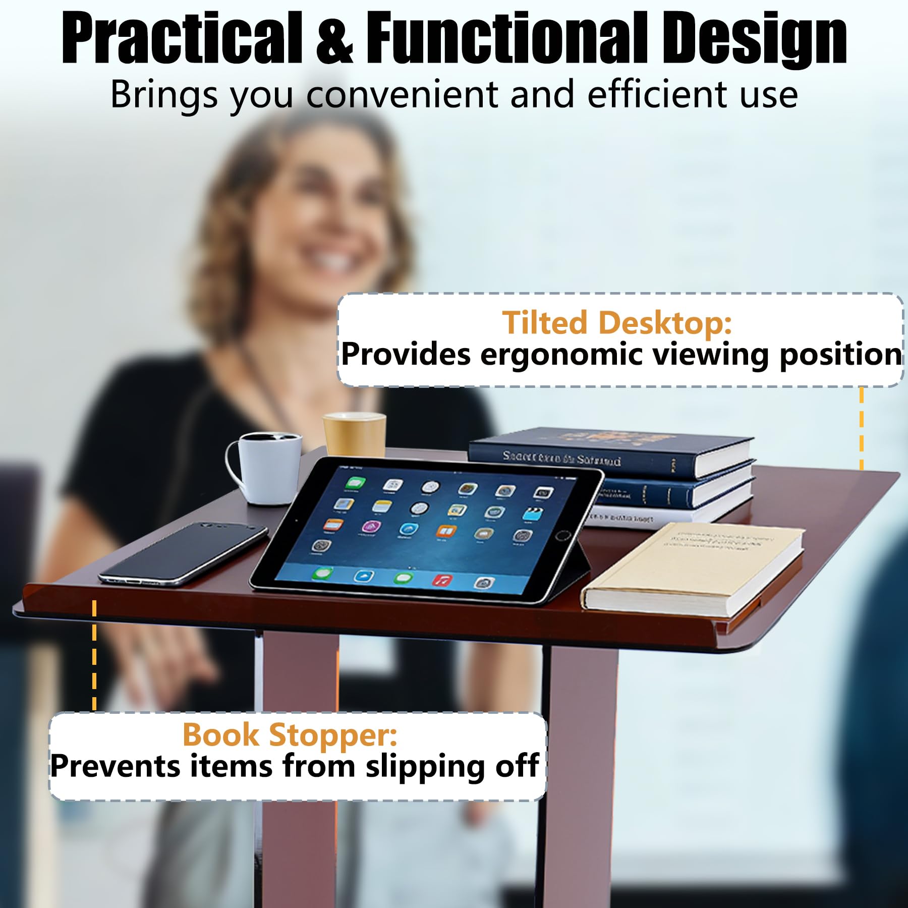 Acrylic Podium Stand 45.5" with Storage Shelf, Modern Amber Lectern Professional Presentation Podiums with Reading Platform for School, Classroom, Weddings, Conference, Concert, Events, Church
