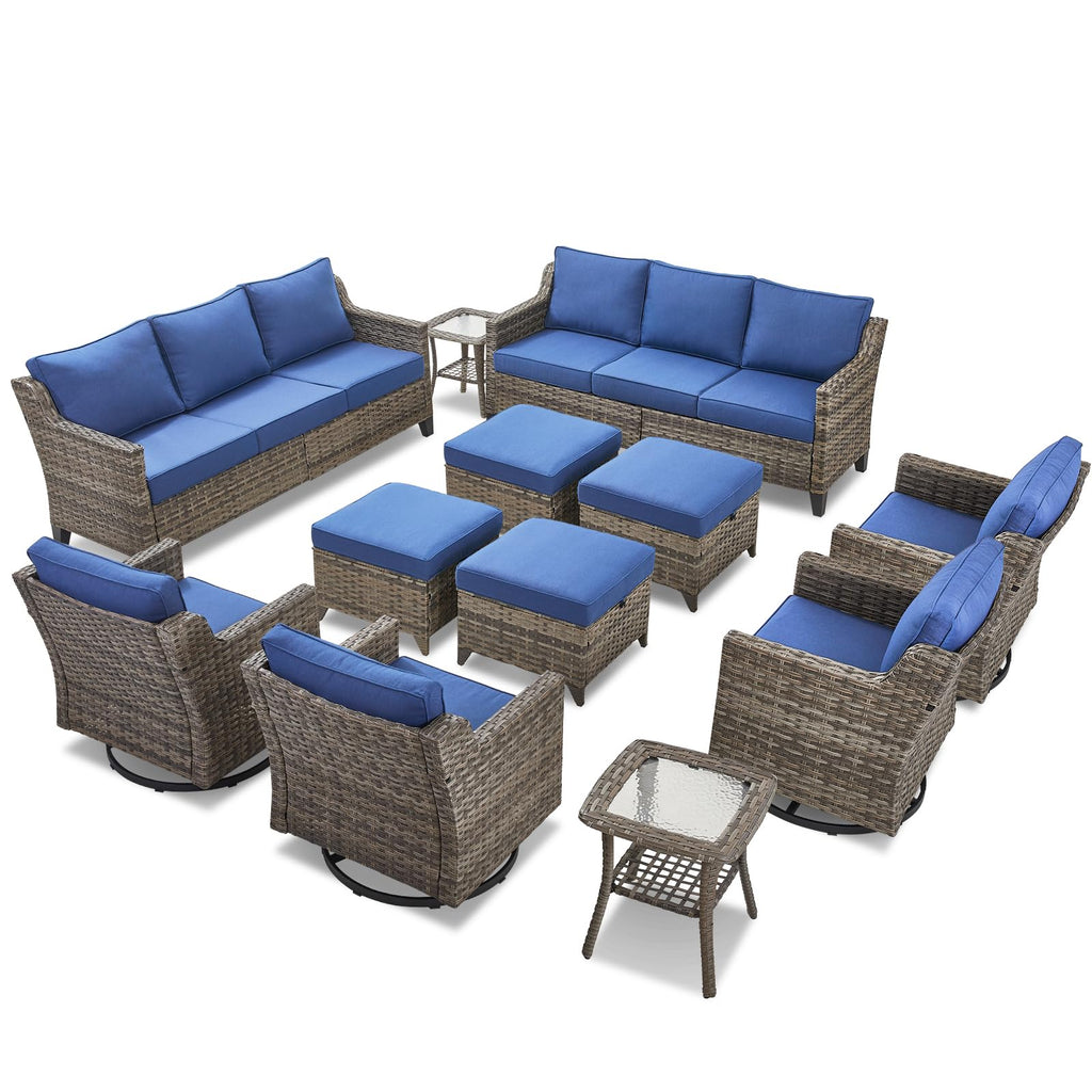 12 Piece Patio Furniture Set-High Back Outdoor Furniture Set Sectional Sofa with Wicker Swivel Patio Chairs,Comfy Cushions Ottomans for Porch Balcony Patio Deck Grey/Blue