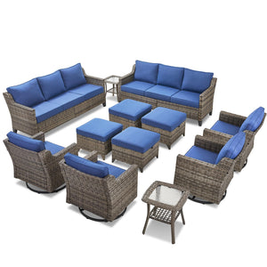12 Piece Patio Furniture Set-High Back Outdoor Furniture Set Sectional Sofa with Wicker Swivel Patio Chairs,Comfy Cushions Ottomans for Porch Balcony Patio Deck Grey/Blue