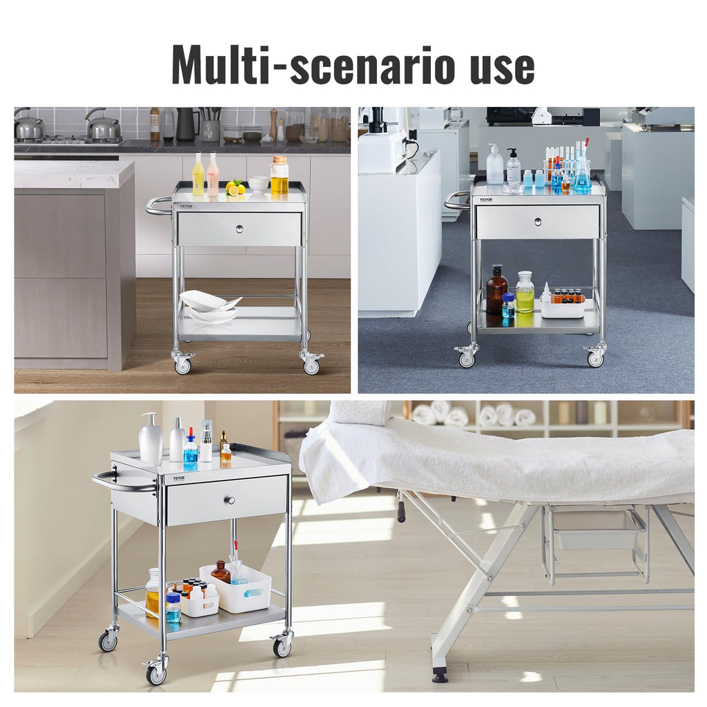 Medical Cart, 2-Layer Stainless Steel Cart 220 lbs Weight Capacity, Lab Utility Cart with 360° Silent Wheels and a Drawer for Lab, Clinic, Kitchen, Salon