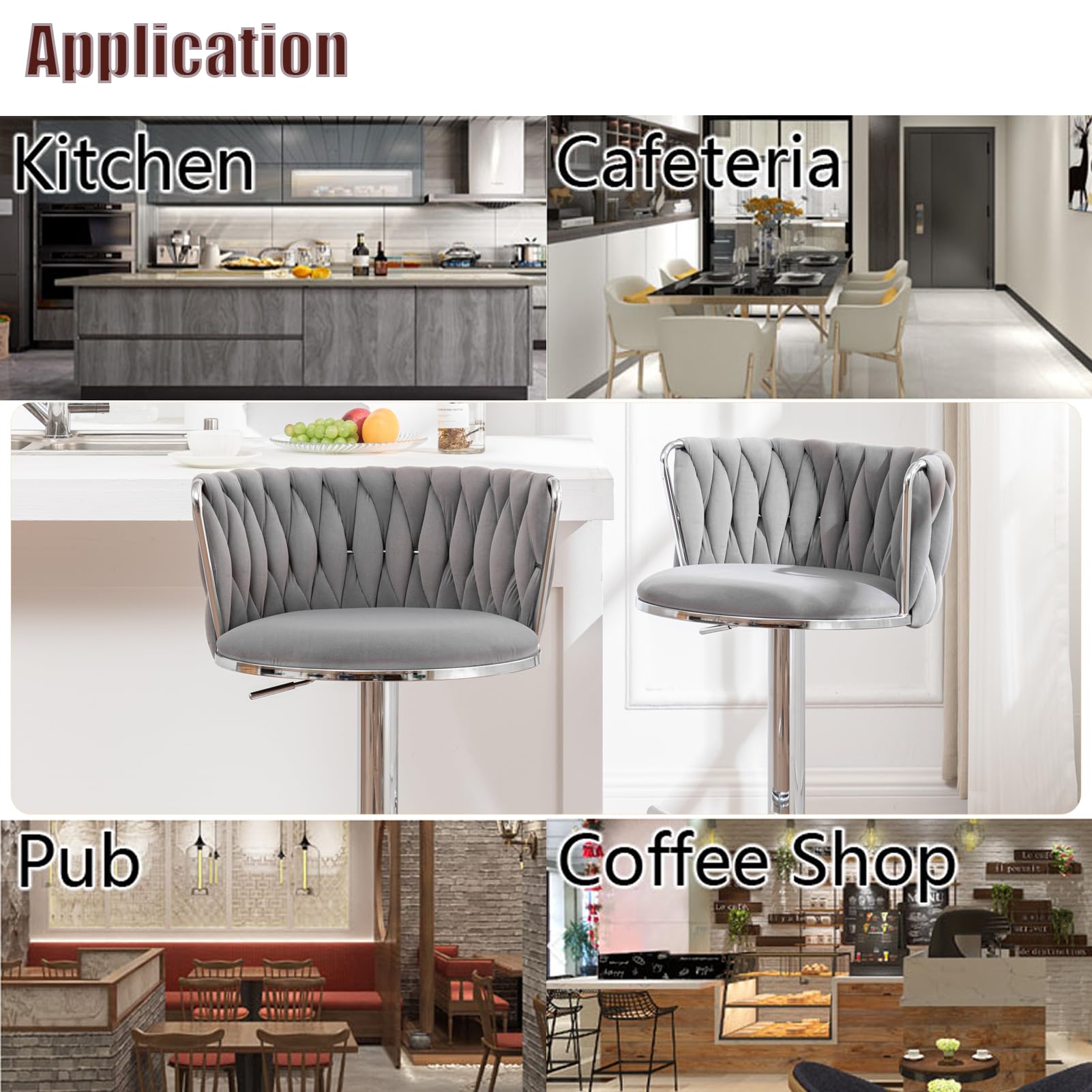 Velvet Bar Stools Set of 2, Swivel Counter Height Bar Stools with Back, Adjustable Woven Barstools for Kitchen Island, Pub, Club (Grey)