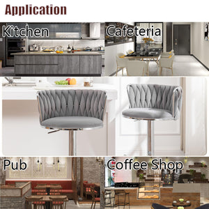 Velvet Bar Stools Set of 2, Swivel Counter Height Bar Stools with Back, Adjustable Woven Barstools for Kitchen Island, Pub, Club (Grey)