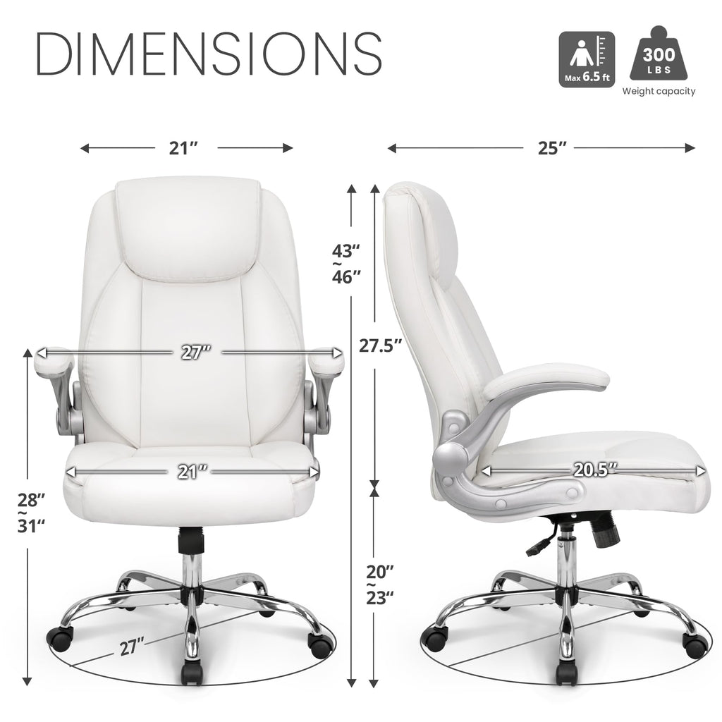 High Back Office Desk Chair for Computer Garming Ergonomic Executive Chair with Comfy Lumbar Support Flip-up Arms Height Adjustable Swivel (Leather White)