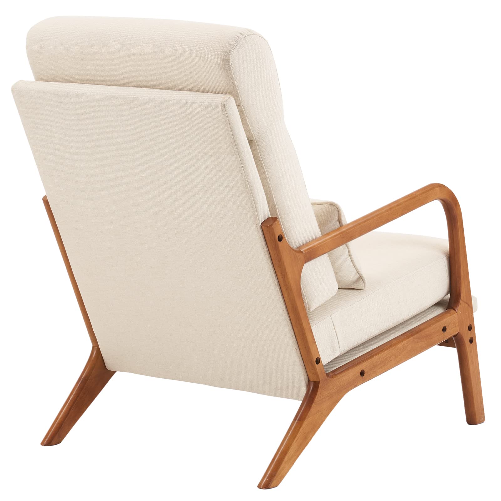 High Back Linen Beige Mid Century Modern Accent Chair, Soild Wood Padding Lounge Armchairs Side Sitting Chairs for Living Room, Bedroom, Guest Room
