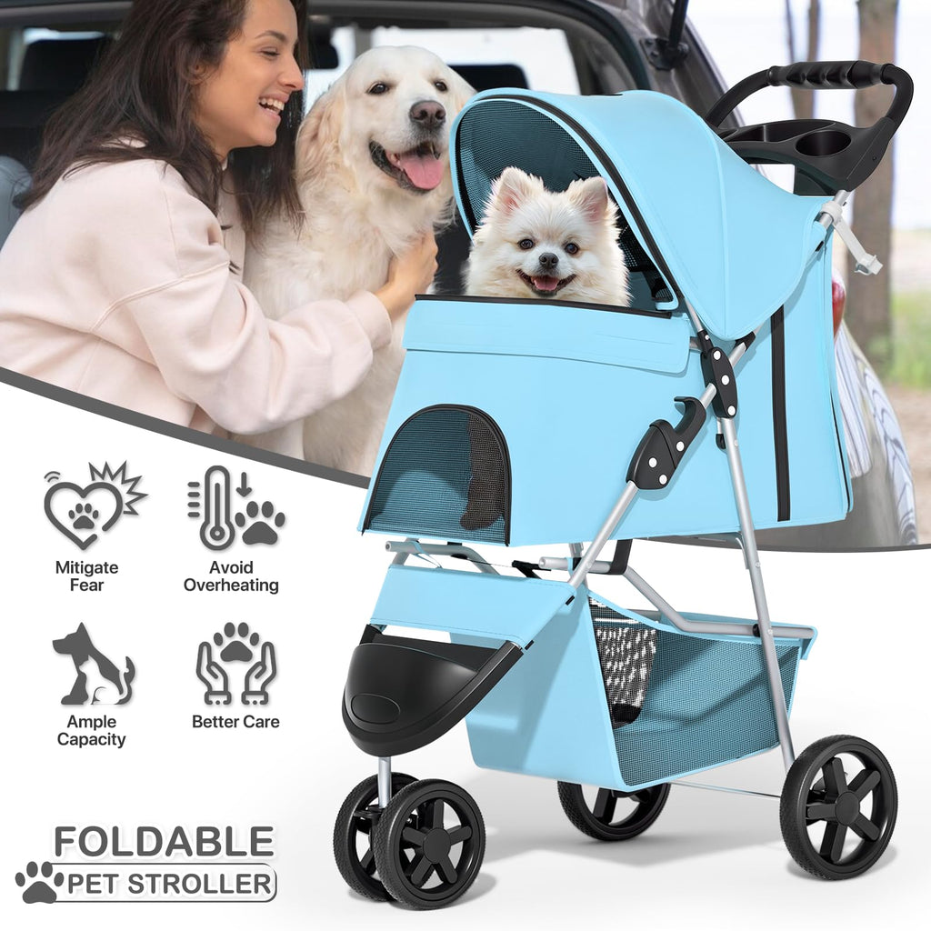 3 Wheels Pet Dog Cat Stroller for Small Medium Dogs Cats, Lightweight Foldable Jogger Stroller w/Storage Basket and Cup Holder, Mint Green