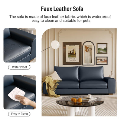 Faux Leather Couch, Mid Century Modern Comfy Loveseat Sofa with Wide Arm, Side Pockets, Solid Wooden Frame for Office, Living Room and Bedroom, 3 Seater (Blue, 88.58 inches)