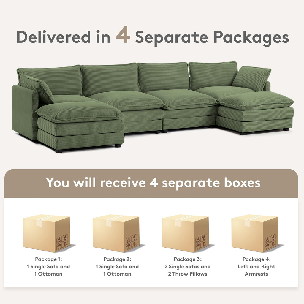 148'' Sectional Cloud Couch with 2 Ottomans, Oversized 4 Seat Sleeper Sofa with 2 Throw Pillows, Convertible Upholstered U Shaped Cozy Sofa Furniture Set for Living Room and Office, Green