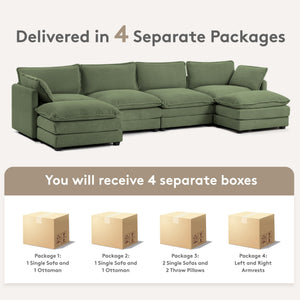 148'' Sectional Cloud Couch with 2 Ottomans, Oversized 4 Seat Sleeper Sofa with 2 Throw Pillows, Convertible Upholstered U Shaped Cozy Sofa Furniture Set for Living Room and Office, Green