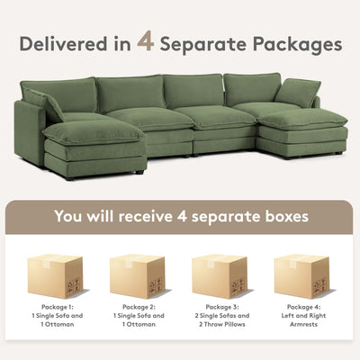 148'' Sectional Cloud Couch with 2 Ottomans, Oversized 4 Seat Sleeper Sofa with 2 Throw Pillows, Convertible Upholstered U Shaped Cozy Sofa Furniture Set for Living Room and Office, Green