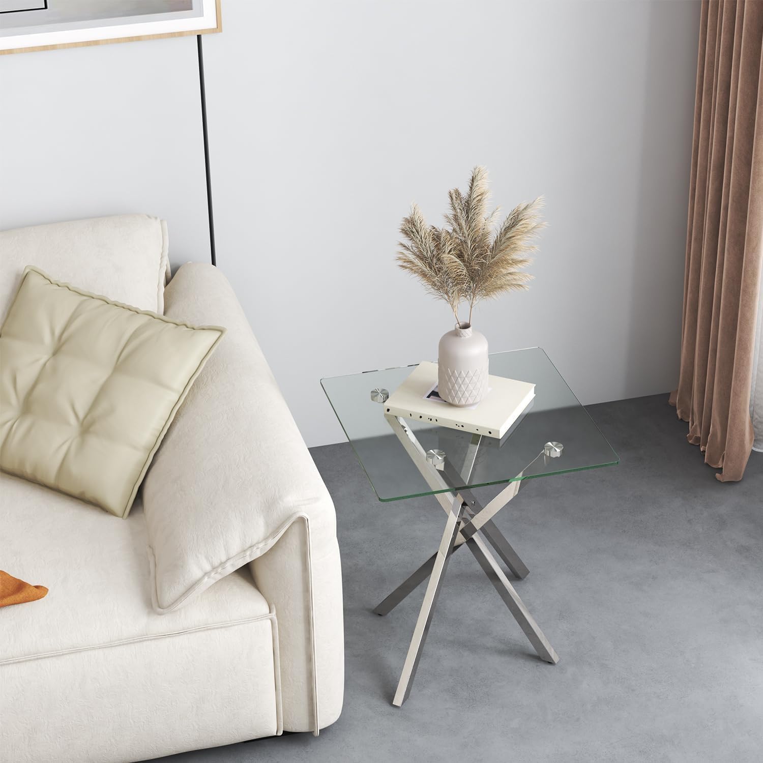 Small Side Coffee Table with Chromed Legs, Tempered Glass Square Modern End Table for Living Room Sofa Home Office (1, Silver, 20"×20"×22")