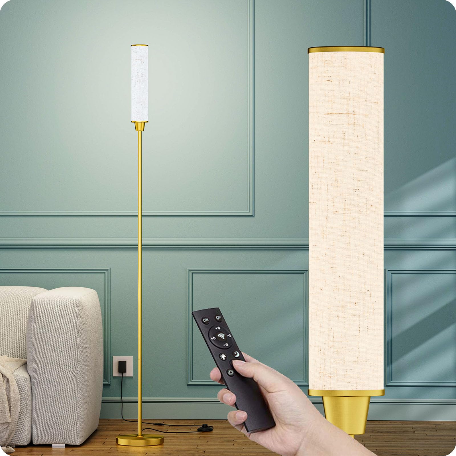 Floor Lamp with Remote Control,Floor Lamps for Living Room/Bedroom/Office, Stepless Adjustable 3000K-6000K Colors and 10-100% Brightness,Standing Light with Foot Switch (brassgold+Beige Linen)