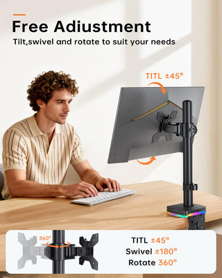 RGB Single Monitor Desk Mount, Monitor Arm with 3 USB Ports, Charging and USB Data Transfer Function, Desk Mount for 13