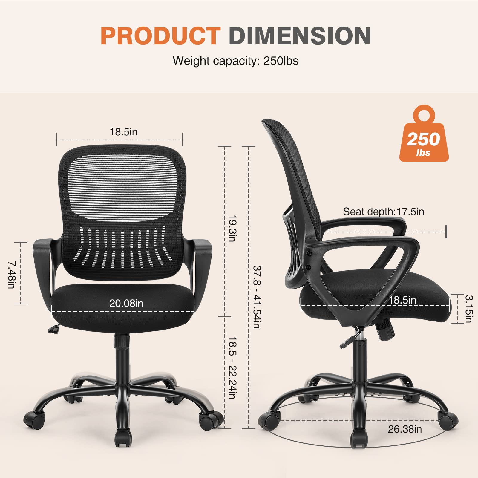 Home Office Managerial Executive Chair with Ergonomic Design, Mid-Back Mesh Swivel, Comfortable Lumbar Support, Comfy Arms for Bedroom,Study,Student, Black