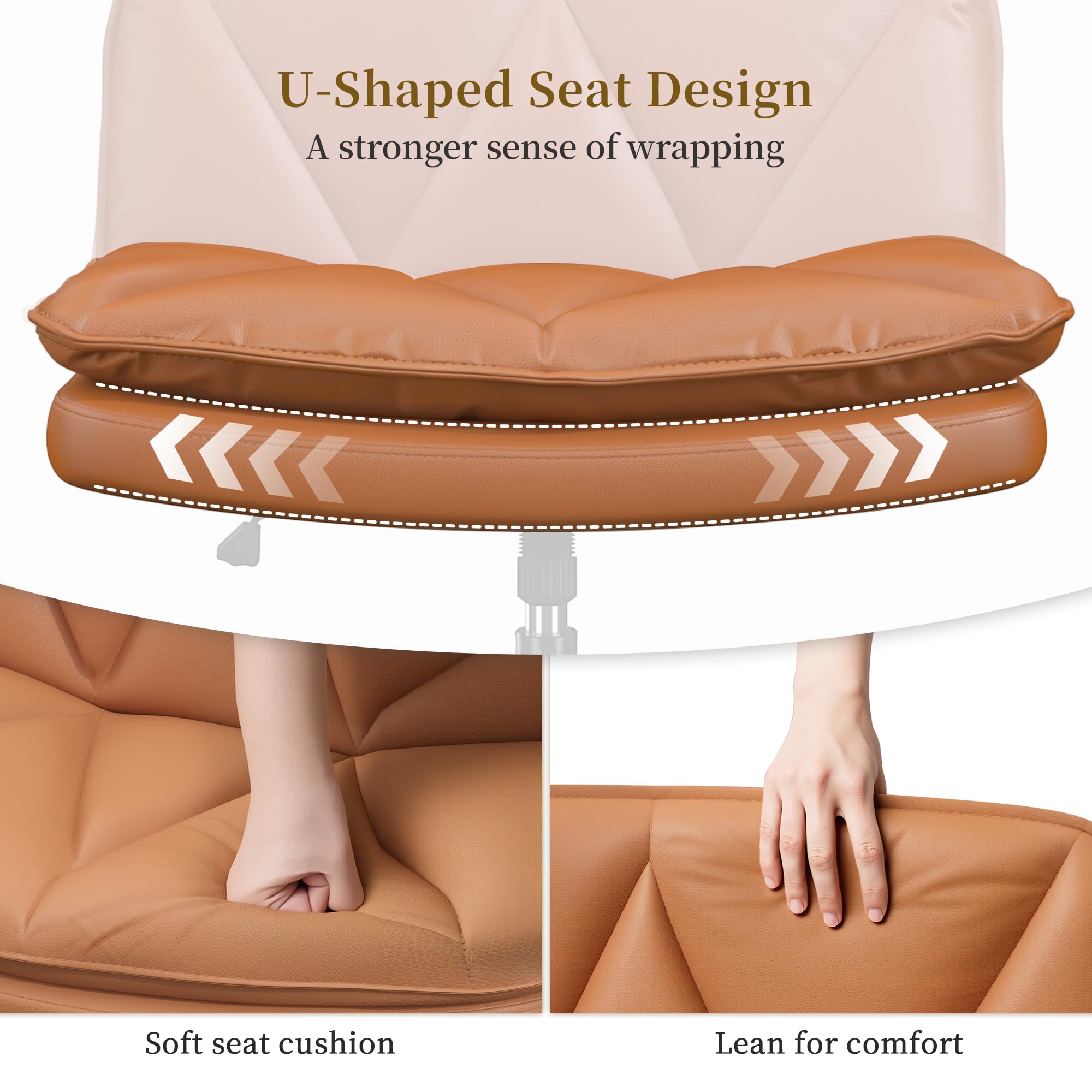 Criss Cross Chair with Wheels,Cross Legged Office Chair with 2 Layer Cushion,Comfy Wide Seat,Adjustable,Leather,Amless, for Home,Office,Bed Room Vanity,Orange