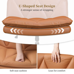 Criss Cross Chair with Wheels,Cross Legged Office Chair with 2 Layer Cushion,Comfy Wide Seat,Adjustable,Leather,Amless, for Home,Office,Bed Room Vanity,Orange