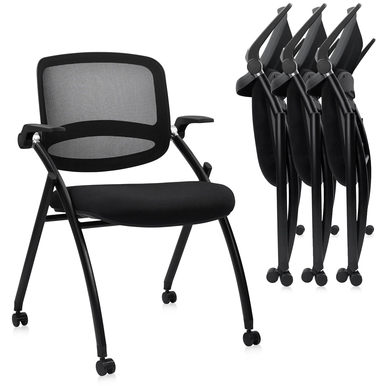 4PACK, Stackable & Foldable Chairs with Flip Up Armrests, Reception Guest Chairs with Wheels, Ergonomic Curved Mesh Back Folding Chair for Office Meeting Schools Conference Waiting Room