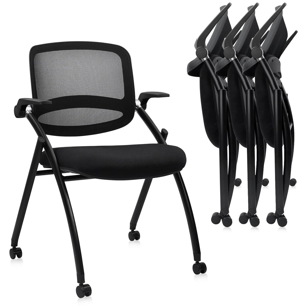 4PACK, Stackable & Foldable Chairs with Flip Up Armrests, Reception Guest Chairs with Wheels, Ergonomic Curved Mesh Back Folding Chair for Office Meeting Schools Conference Waiting Room