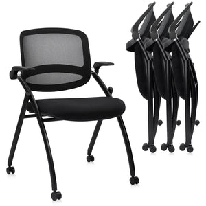 4PACK, Stackable & Foldable Chairs with Flip Up Armrests, Reception Guest Chairs with Wheels, Ergonomic Curved Mesh Back Folding Chair for Office Meeting Schools Conference Waiting Room