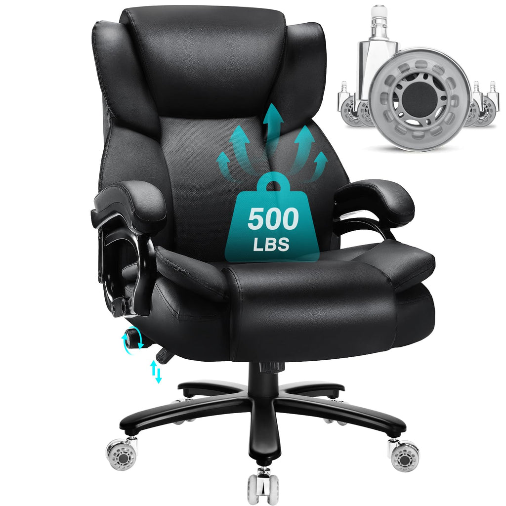 500lbs Big and Tall Office Chair with Dual Rubber Wheel, Heavy Duty Office Chair for Low Back Pain Relief, Large Executive Desk Chair with Adjustable Lumbar Support